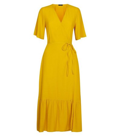 Mustard Tiered Midi Wrap Dress | New Look