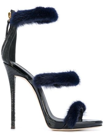 GIUSEPPE ZANOTTI Black Patent And Croco Embossed Leather High Heel Sandals W/fur