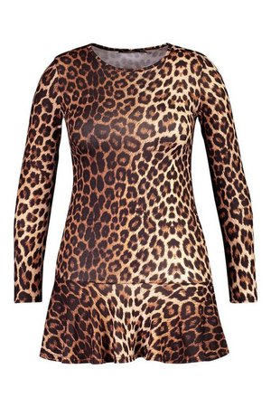 Leopard Long Sleeve Ruffle Hem Skater Dress | Boohoo brown