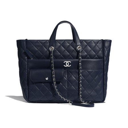 Calfskin Silver-Tone Metal Navy Blue Large Zipped Shopping Bag | CHANEL
