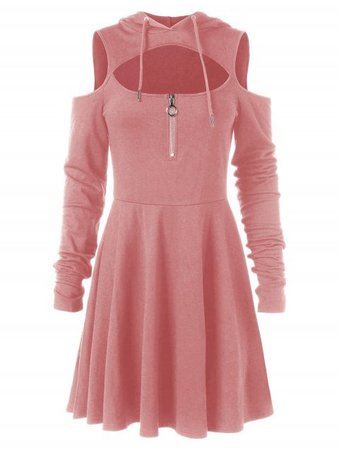 2018 Cold Shoulder Long Sleeve Hooded Dress LIGHT PINK L In Casual Dresses Online Store. Best Printed Sweater Dress Online For Sale | DressLily.com