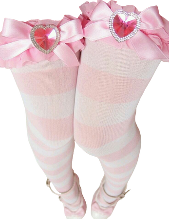 pink and white thigh high stripped socks with ruffle bow and gem heart detail