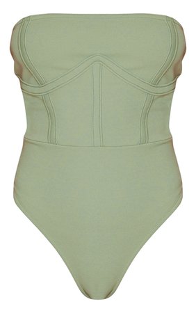Sage Green Crepe Structured Underbust Bodysuit | PrettyLittleThing