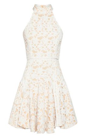 White Thick Lace High Neck Binding Detail Skater Dress | PrettyLittleThing