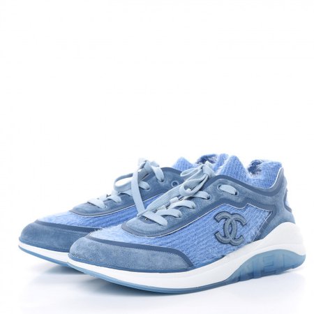 CHANEL Suede Calfskin Stretch Fabric CC Sneakers 39.5 Light Blue 448876