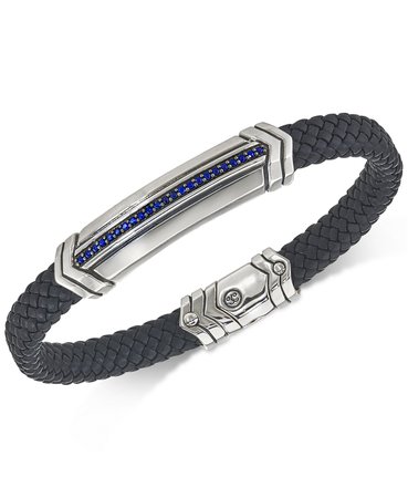 Esquire Sterling Silver, Sapphire & Black Woven Leather Bracelet