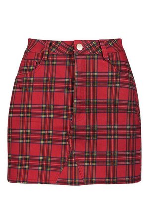 Tartan Check Denim Mini Skirt | Boohoo red