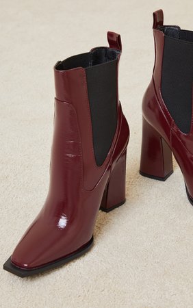 Burgundy High Block Heel Chelsea Ankle Boot | PrettyLittleThing USA