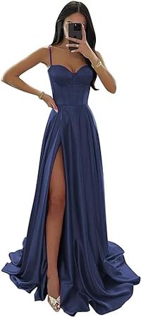 Amazon.com: OFEECHUN Women's Spaghetti Straps Satin Prom Dress Long with Slit A Line Corset Formal Evening Gowns : Clothing, Shoes & Jewelry