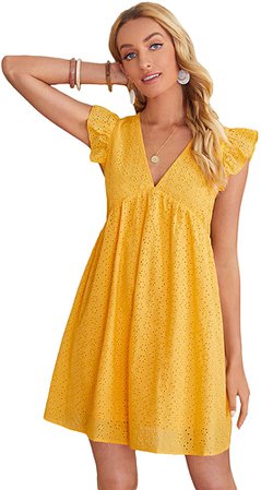 DIDK Women's Boho Ruffle Armhole Sleeveless V Neck Eyelet Embroidery Smock Dress Solid Yellow S at Amazon Women’s Clothing store