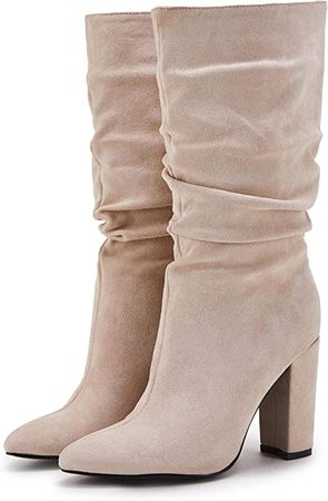 Amazon.com | Syktkmx Womens Mid Calf Dress Boots Slouchy Pointed Toe Fall Winter Chunky Block High Heel Slip on Boots | Mid-Calf