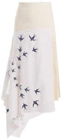 Swallow Embroidered Contrast Panel Linen Skirt - Womens - Cream