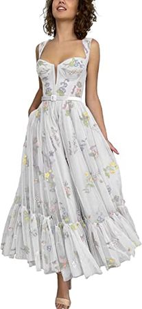 Verngo Women's Prom Dresses Sweetheart Flower Embroidery Tulle Tea Length Formal Evening Party Gowns at Amazon Women’s Clothing store