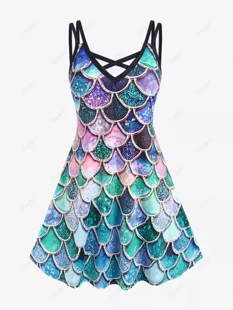 Plus Size Crisscross Mermaid Fish Scale Print A Line Dress [67% OFF] | Rosegal