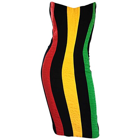 *clipped by @luci-her* Bob Mackie Size 12 Vintage Green + Yellow + Red + Black Amazing Strapless Dress For Sale at 1stDibs