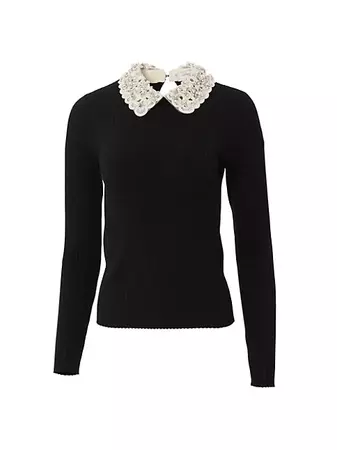 Shop Carolina Herrera Chalet Beaded Lace-Collar Rib-Knit Wool Sweater | Saks Fifth Avenue