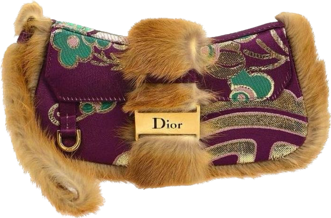 christian dior (ca 2003) multi cognac fur trim on canvas pouch with gold clutch hardware