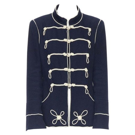 CHANEL 09P navy blue twill trompe loeil white pearl military jacket FR48 at 1stdibs