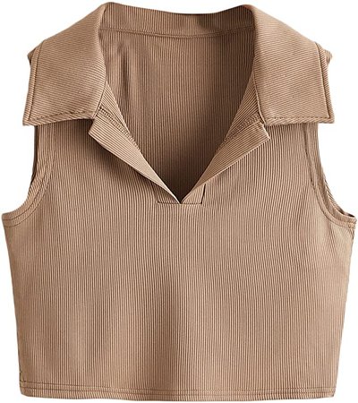 SheIn Women's Sleeveless Lapel Collar Crop Tank Tee Tops Solid Rib Knit Vest at Amazon Women’s Clothing store