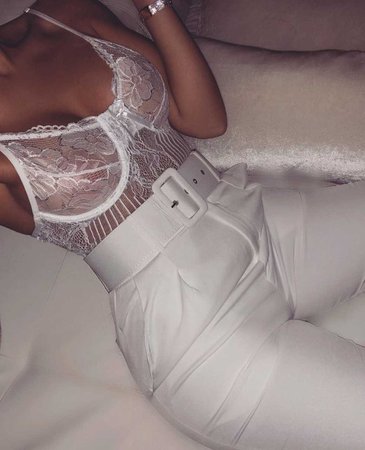 white lace bodysuit and pant