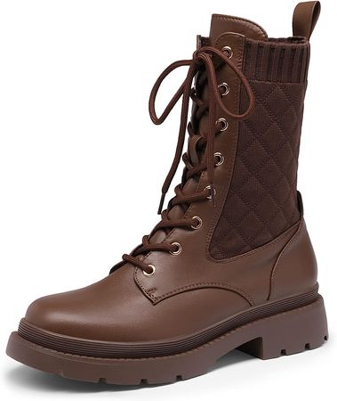 Amazon.com | DREAM PAIRS Women's SDMB2217W Combat Boots Lace Up Leather Ankle Booties Lug SolePlatform Mid Calf Boots,Brown,Size 8 | Ankle & Bootie