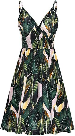 STYLEWORD Women's V Neck Floral Spaghetti Strap Summer Casual Swing Dress with Pocket at Amazon Women’s Clothing store
