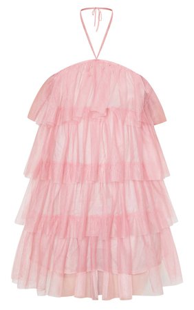 Dusty Pink Halterneck Mesh Layered Shift Dress | PrettyLittleThing