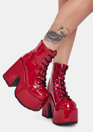 *clipped by @luci-her* Demonia Camel 203 Platform Boots - Patent Red | Dolls Kill