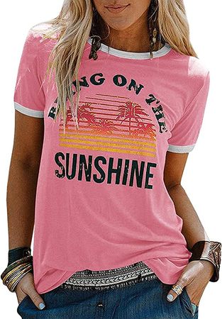 YEXIPO Womens Bring On The Sunshine T-Shirt Graphic Tees Letter Printed Loose Casual Summer Funny Tops (Large, Pink) at Amazon Women’s Clothing store