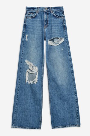 Mid Blue Ripped Slim Wide Jeans | Topshop