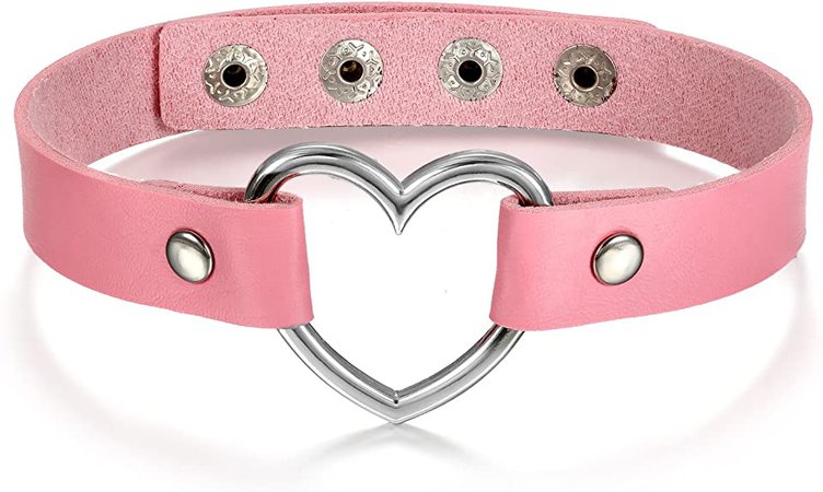 Pink Adjustable Leather Heart Charm Choker Necklace for Women Girls Party Cosplay: Clothing