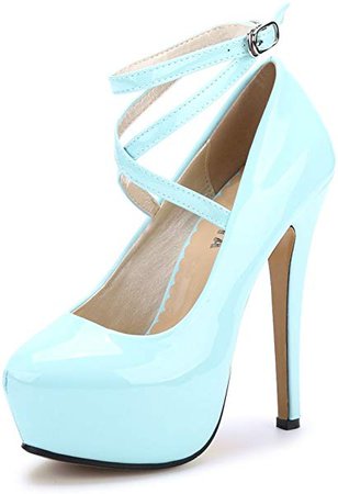 Amazon.com | OCHENTA Women's Ankle Strap Platform Pump Party Dress High Heel #10 PU Sky Blue Tag 38 - US B(M) 7 | Pumps