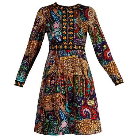 Italy 1970s Goldworm Vintage Novelty Deer Print Mini Dress with Long Sleeves For Sale at 1stdibs