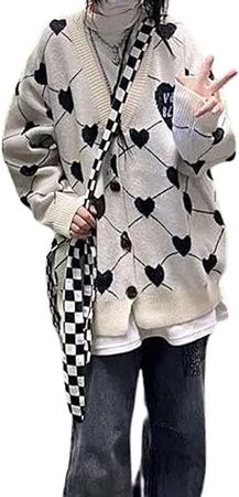 FindThy Women’s Cute Heart Print Cardigan Button Up V Neck Argyle Knitted Cardigans Sweaters(1663-White-OneSize-LB) at Amazon Women’s Clothing store