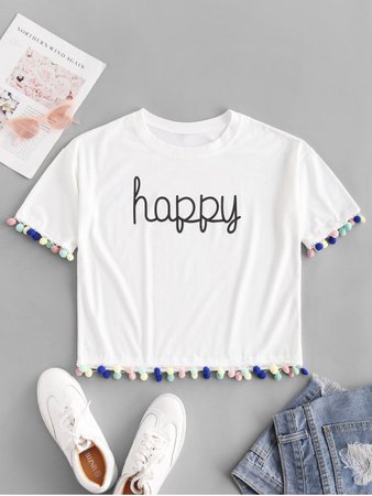 [53% OFF] 2020 Colorful Pompoms Happy Graphic Tee In WHITE | ZAFUL