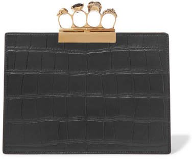 Knuckle Embellished Croc-effect Leather Clutch - Black