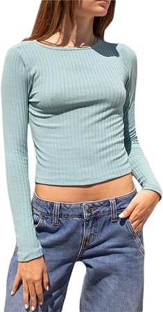 Women Elegant Fitted Crop Top Square Neck Long Sleeve Shirt Tops Streetwear at Amazon Women’s Clothing store