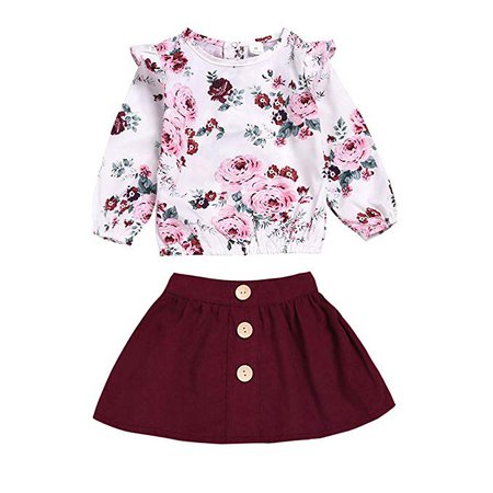 Amazon.com: Suma-ma 0-4 Years Baby Girls Floral Print Tops T-shirt Button Decor Skirt Outfits Set(Wine, 18-24Months): Clothing