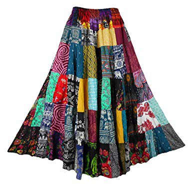BONYA Women's Hippie Boho Colorful Patchwork Tiered Elastic Stretch Waist Long Skirt (Color12) at Amazon Women’s Clothing store