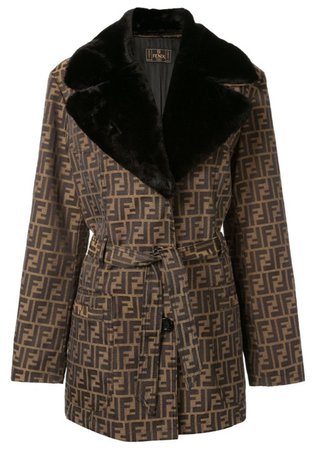 FENDI Brown Monogram Fur Collar Jacket