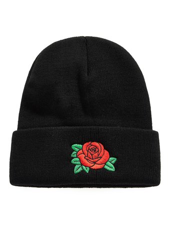 Embroidered Rose Beanie Hat
