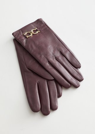 Buckle Embellished Leather Gloves - Maroon - Gloves - & Other Stories