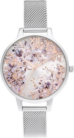 Abstract Floral Mesh Strap Watch, 30mm