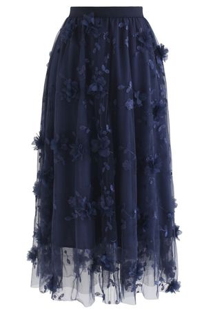 3D Mesh Flower Embroidered Tulle Midi Skirt in Black - Retro, Indie and Unique Fashion