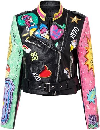 LRX Women's Cartoon Print Faux Leather Jacket Studded badge Graffiti Look Studs Punk Slim Moto Biker Coat at Amazon Women's Coats Shop