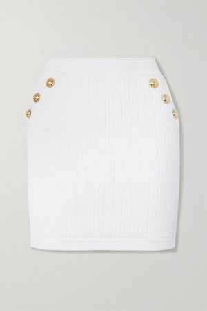 White Button-embellished ribbed stretch-knit mini skirt | Balmain | NET-A-PORTER