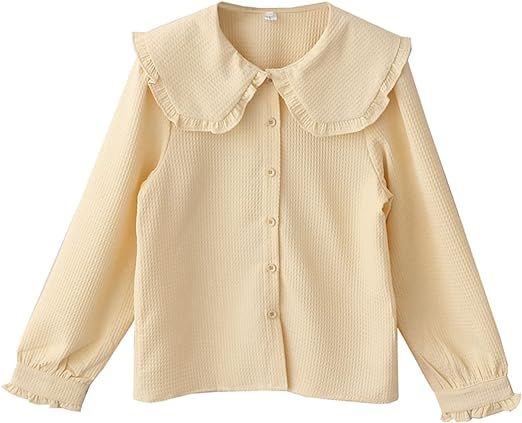 KUFEIUP Women's French Vintage Blouse Tops Ruffle Pan Collar Buttons Down Shirt at Amazon Women’s Clothing store