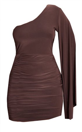 Chocolate One Shoulder Split Sleeve Bodycon Dress | PrettyLittleThing USA