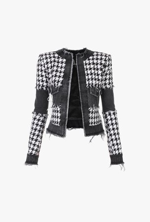 Black And White Houndstooth Tweed And Denim Suit Jacket for Women - Balmain.com