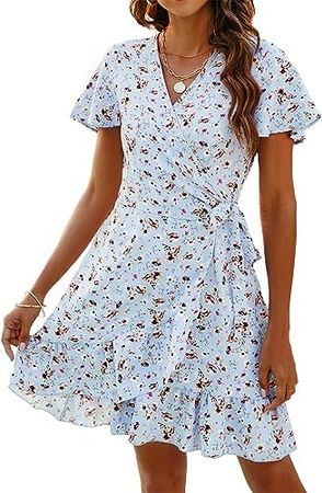 Naggoo Dresses for Women Summer Floral Dress V Neck Wrap Dress Sky Blue M at Amazon Women’s Clothing store